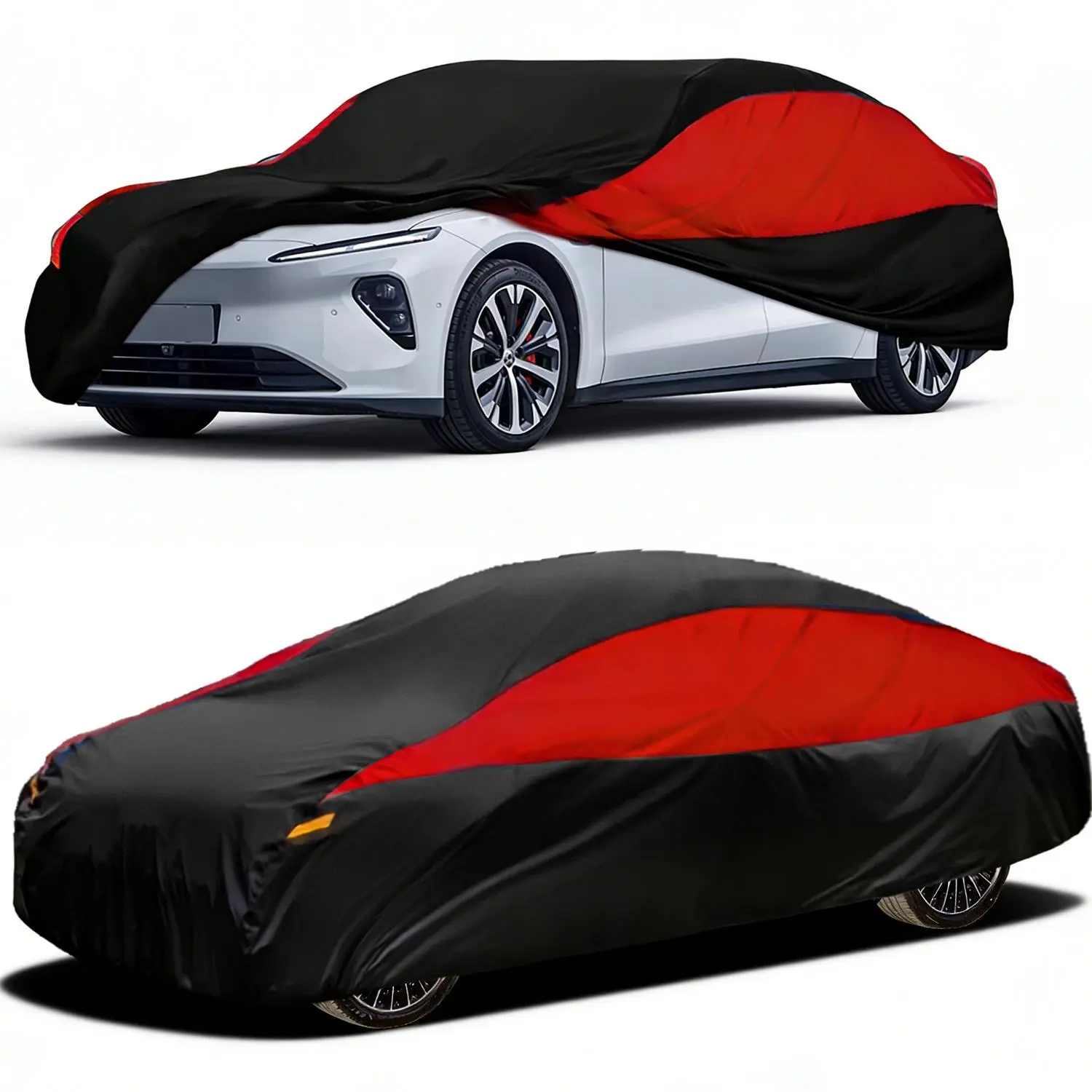 170T Fabric Durable All-Weather All-Purpose Car Cover - Black & Red, Multi-Size Fit for Sedan/SUV, Waterproof, Windproof, UV-Protective, Car Sun Protection, Vehicle Protection, Splash-Proof Straps, Anti-Snow Windshield Protector, Glow-In-The-Dark Feature,