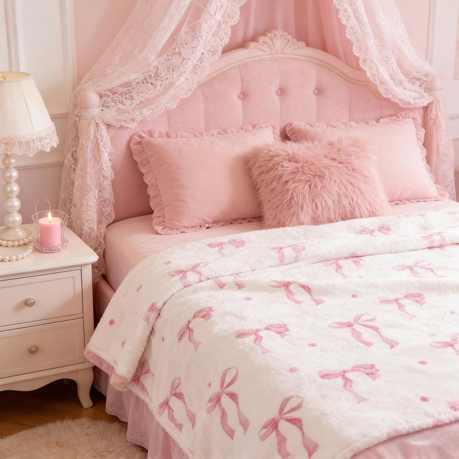 Pink bow blanket, bow gift, Easter bow gift, suitable for girls, ladies and children, pink spring flannel blanket, beautiful bedding with bows, Kid blanket