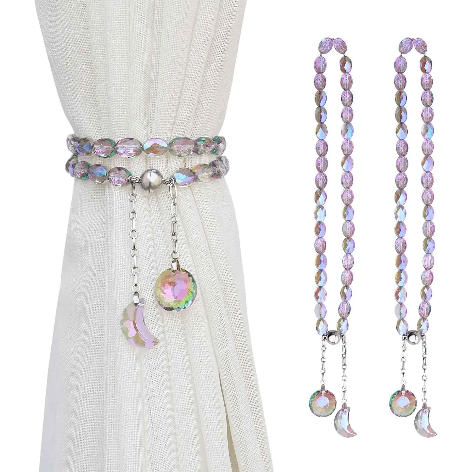 Curtain Tiebacks, 2-Pack Beaded Sun & Moon Pendants Bead Decorated Window Accessory Sets for Modern Farmhouse Window, Home Office Decor (Purple), Beaded Pendants