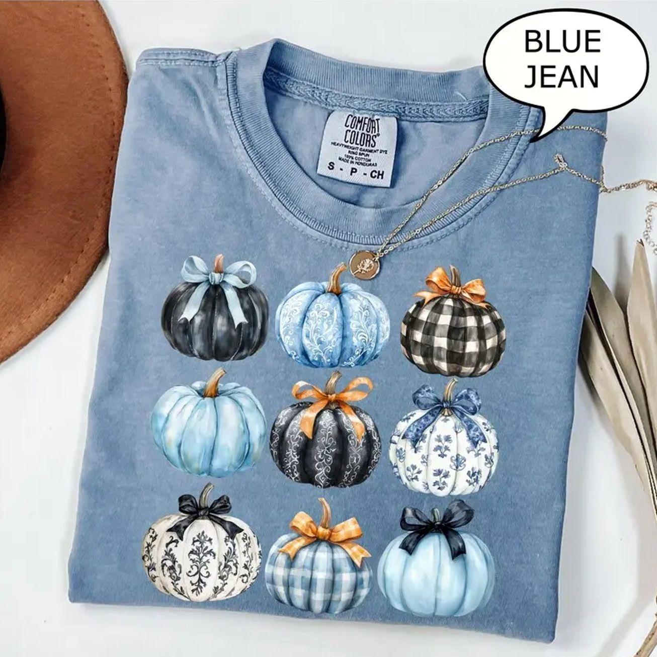 Comfort Colors Blue Bow Pumpkin Shirt, Coquette Pumpkin Graphic Tee, Vintage Fall Pumpkin T-Shirt, Cute Autumn Bow Apparel, Trending Graphic Tee, Comfortable Menswear & Womenswear Top, Perfect Gift For Men And Women, Aug11
