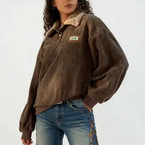 2026 New Vintage Corduroy Polo Collar Oversized Sweatshirt for Couples Stylish Comfortable Casual Matching Long Sleeve Thick Velvet Winter Clothes Preppy Streetwear Womenswear Style Brown Tops