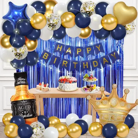Navy Blue Men's Birthday Decorations Kit - Happy Birthday Banner, Curtains, Bottle, Crown, Heart Star Balloons, LED Light, Ribbon, 18inch Navy Star, 10inch Latex Balloons (Adds Soft, Colorful Fun) for Home Improvement Gift Set, Party Setup