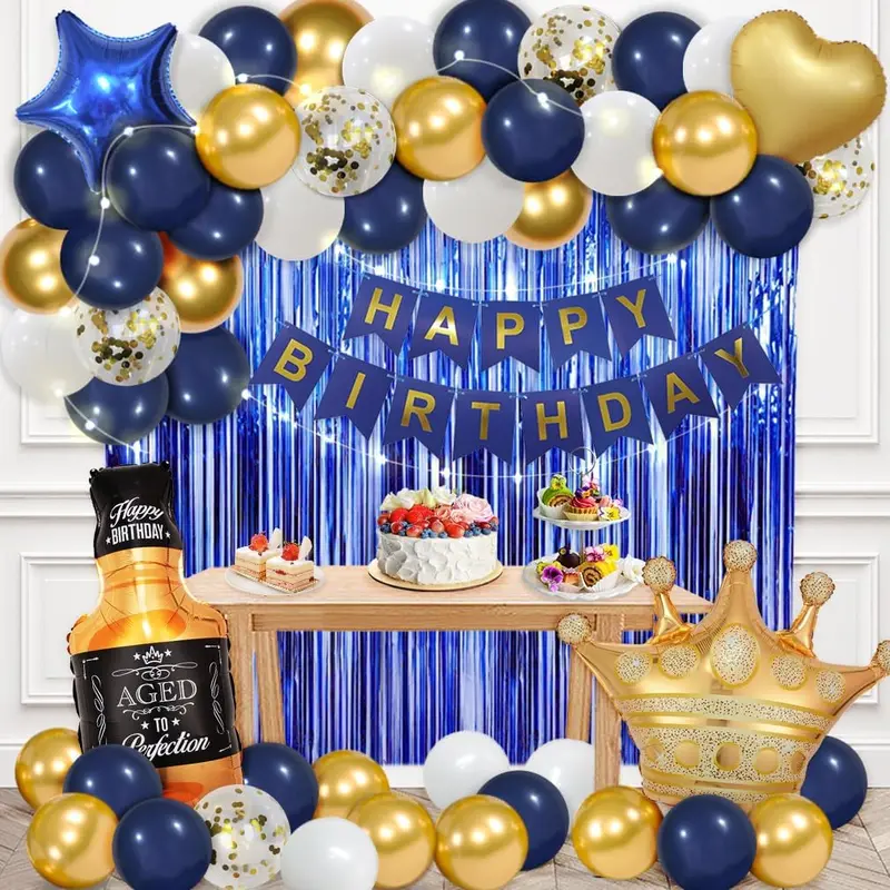 Navy Blue Men's Birthday Decorations Kit - Happy Birthday Banner, Curtains, Bottle, Crown, Heart Star Balloons, LED Light, Ribbon, 18inch Navy Star, 10inch Latex Balloons (Adds Soft, Colorful Fun) for Home Improvement Gift Set, Party Setup