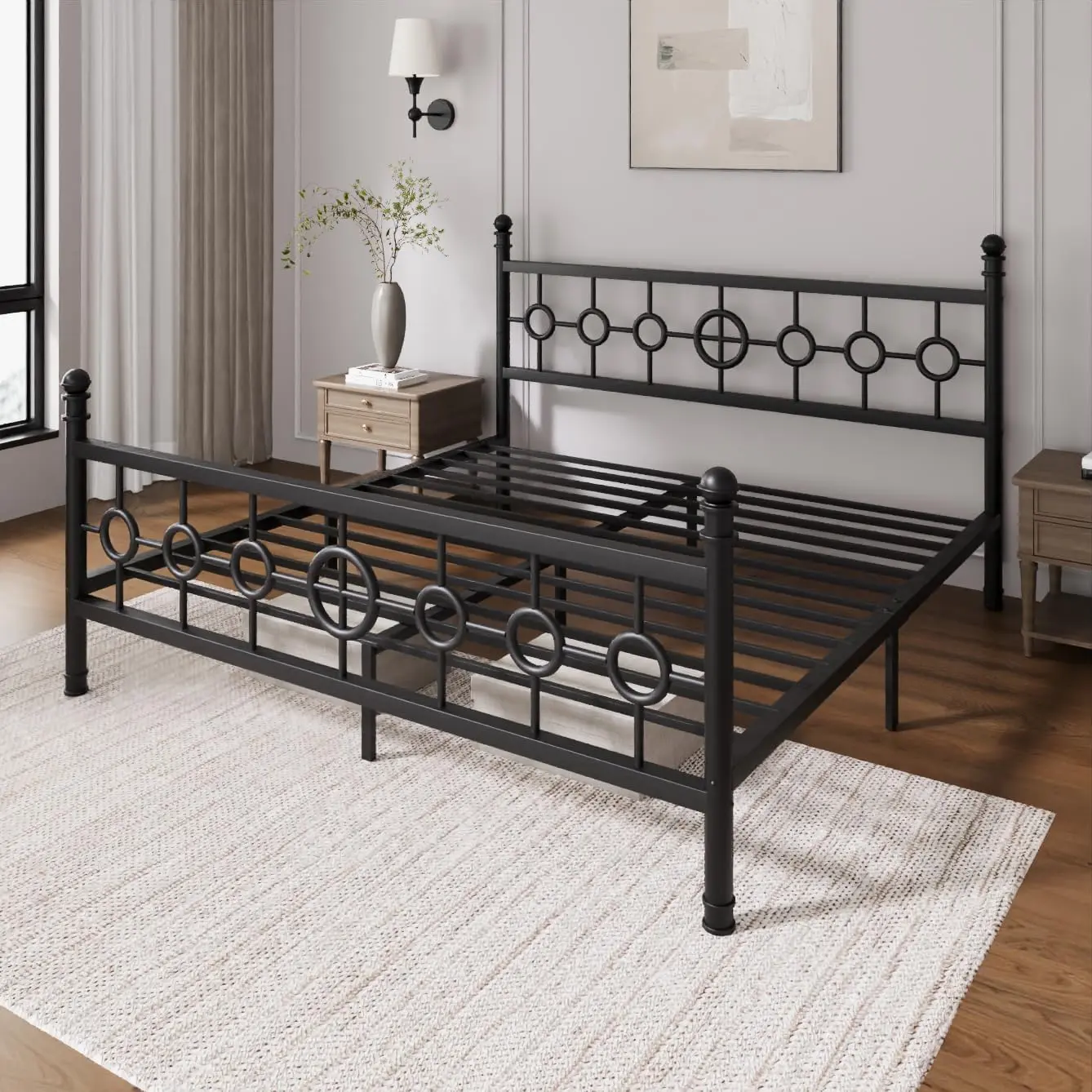 YJ-Garvee King Size Metal Bed Frame with Vintage Circular Headboard and Footboard, Heavy-Duty Iron Platform Bed, No Box Spring Needed, Noise-Free Design, Easy Assembly, Black