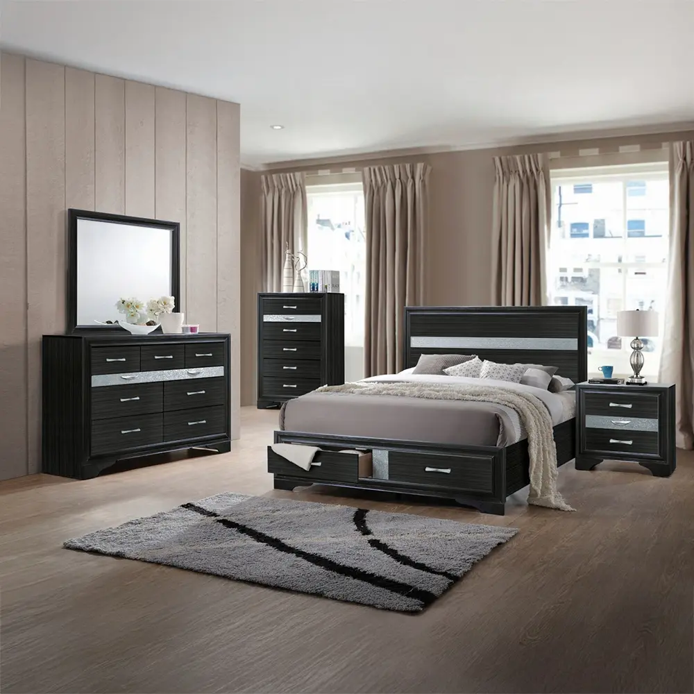 Acme 25900 Rosdorf Park Naima Modern 4-Piece Black Wood Panel Queen Bedroom Set, Including Bed, Nightstand, Dresser & Mirror, Indoor Furniture Set, Modern Bedroom Set