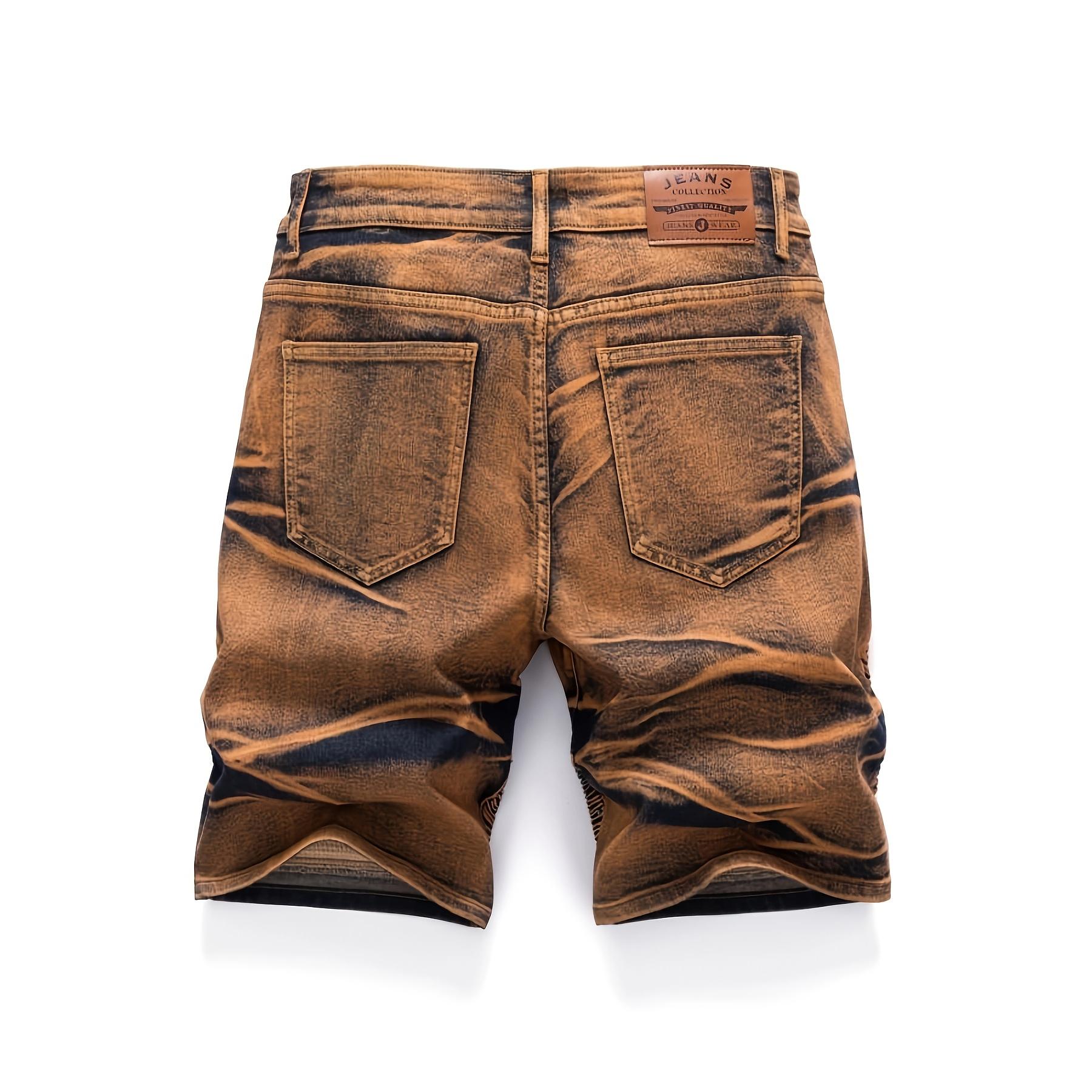 Men’s summer straight-leg brown denim shorts with pockets, structured design, European/American fashion trend