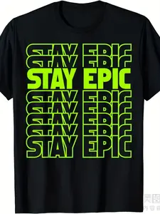 Stay Epic Lime Green Vertical "STAY EPIC" Print T-Shirt - Heavyweight 220gsm Pure Cotton Unisex Retro Graphic Tee for Men & Women, Black with Neon Green Lettering, Casual & Gym Wear, All-Season Fit