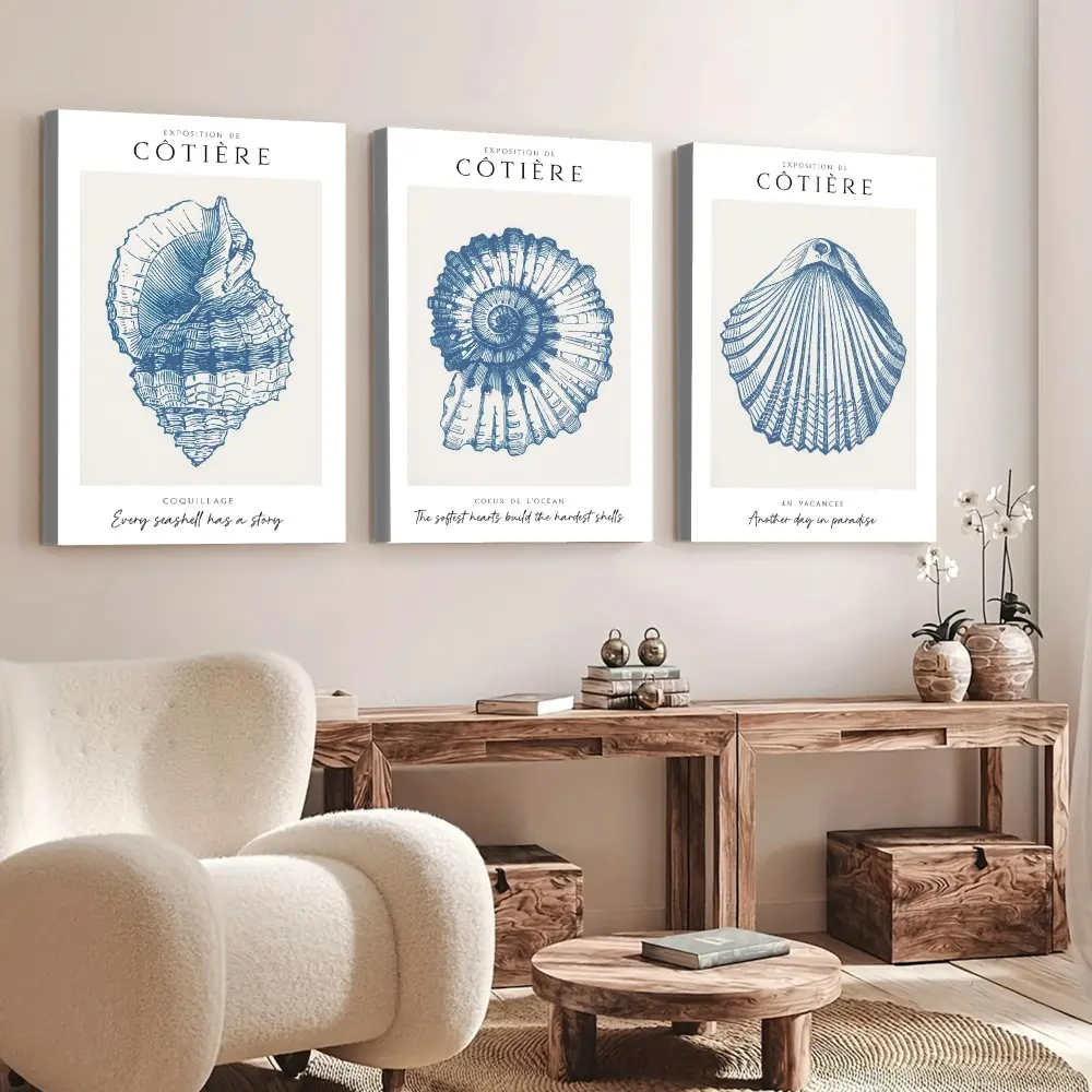 3pc-Coastal Wall Art, Vintage Seashell Sketch Triptych Poster, Triple Canvas Painting, Artistic Nautical Botanical Style Printing, Navy Blue Beige Tone Canvas Decoration, Living Room & Bathroom Aesthetic, Perfect Housewarming Gift, Framed