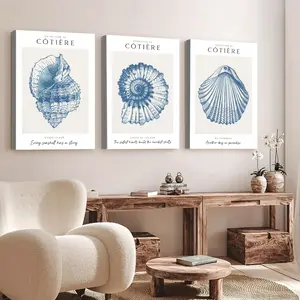 3pc-Coastal Wall Art, Vintage Seashell Sketch Triptych Poster, Triple Canvas Painting, Artistic Nautical Botanical Style Printing, Navy Blue Beige Tone Canvas Decoration, Living Room & Bathroom Aesthetic, Perfect Housewarming Gift, Framed