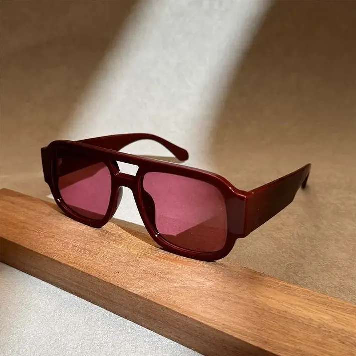 Women's Retro Square Aviator Sunglasses - Burgundy Thick Frame, Pink Lens, UV400 Protection, Y2K Fashion Streetwear Shades