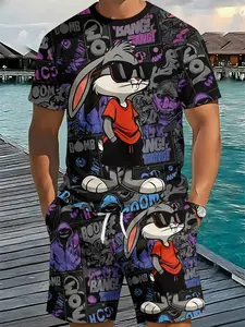 Purple and Black Tide Rabbit Graffiti Men's 3D Digital Printing Two-Piece Set, 2Pcs, Trendy and Fashionable Set, Trendy Retro Casual Two-Piece Set, Vacation-style Trendy Outfit, Breathable Sports and Casual Style, a Perfect Holiday Gift for Men