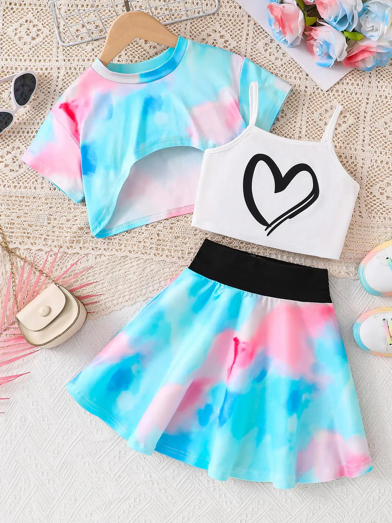 Girl's Crop Top & Cami Top & Skirt Three-piece Set, Casual Fashion Set for Daily Outdoor Wear, Kids Clothing for Summer