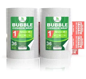 DowDew [72 Total Feet] Perforated Bubble Wrap Roll [2 Pack - 12inch x 36ft Rolls] Cushioning Packing Wrap for Moving Shipping Packaging with 10 Fragile Stickers, Clear