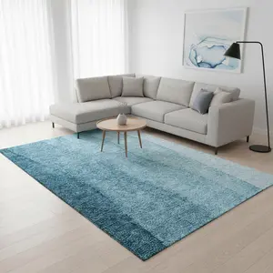 HomeRoots 656375 9 x 12 ft. Teal & Ivory Ombre Transitional Washable Machine Made Rectangle Area Rug with UV Protection