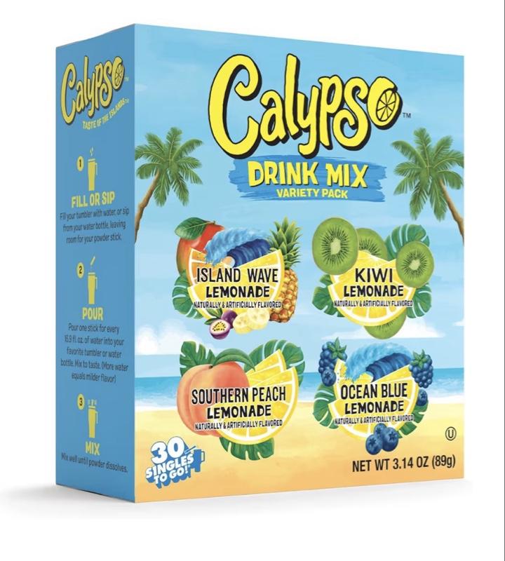 Calypso Singles To Go! Drink Mix Variety Pack – Lemonade On-the-Go Powdered Drink Mix Packets – Low Calorie Water Enhancer – Island Wave, Kiwi, Southern Peach, Ocean Blue Lemonade, 30 Count