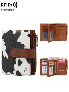 Fashion Cow Print Zipper Bifold Wallet, Casual Multi-compartment RFID Card Holder Wallet for Women, Trendy All-match & Exquisite Wallet for Birthday Gift