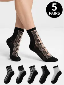 5 pairs of women's vintage lace-print sheer knee-high socks—stylish, casual, comfortable, and breathable for all seasons, perfect for everyday wear Elegance