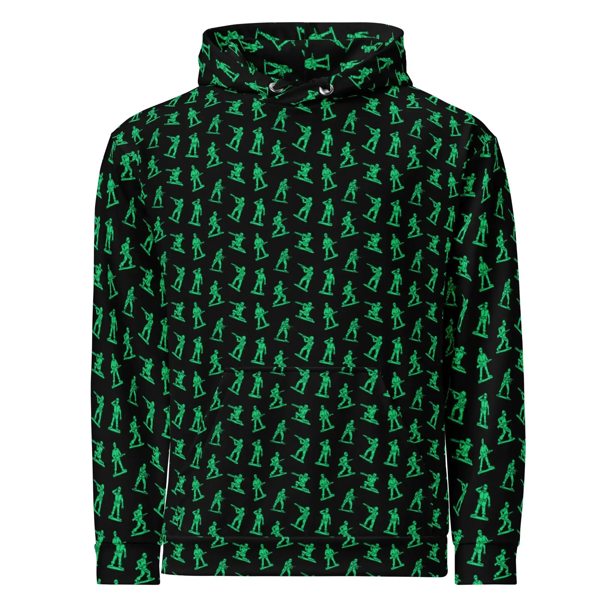 Green Toy Soldier Graphic Hoodie, Army Inspired All Over Print Hoodie, Unisex Cotton Pullover Sweatshirt, Military Style Streetwear, Casual Long Sleeve Hooded Sweatshirt, Relaxed Fit, Size S–5XL