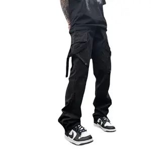Men's Black Tactical Cargo Pants, Multi-Pocket Military Style Trousers with Straps for Streetwear # Cargo Pants # TacticalStyle # Military Pants # MultiPocketTrousers # MensStreetwear