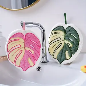 2-Pack Cartoon Soft Coral Fleece Leaf Hand Towels, Monstera Leaf Design, Ultra-Soft, High Absorbent, Quick-Dry, Bathroom Kitchen Decorative Towels, Towel Set