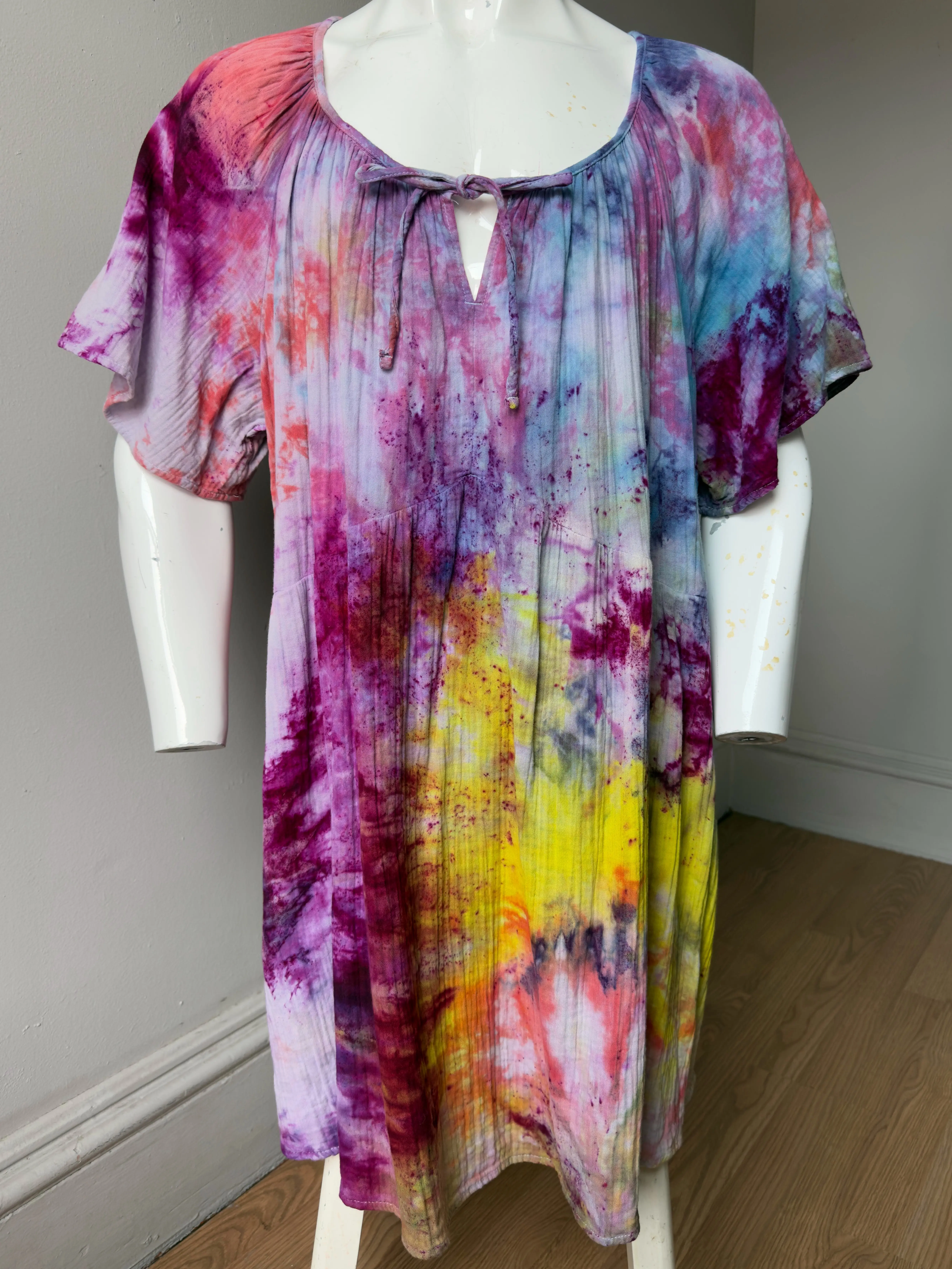 Women’s 3X Tie Dye Cosmic V Neck Dress Rainbow Cotton drawstring front Slip On