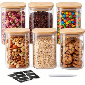 37 Oz Glass Storage Jars with Bamboo Lids - 6 Pack Clear Glass Canisters Square Airtight Stackable Ideal for Pantry Storage Containers Organizers Great for Storing Oats Coffee Beans Nuts etc