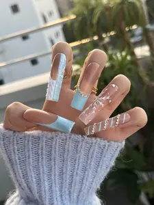 Handmade Press-on Nails | Icy Blue Snowfall Edition | 3D Snowflake & Crystal Embellished | Salon Grade Reusable Gel Nails | Square Mid & Regular Length