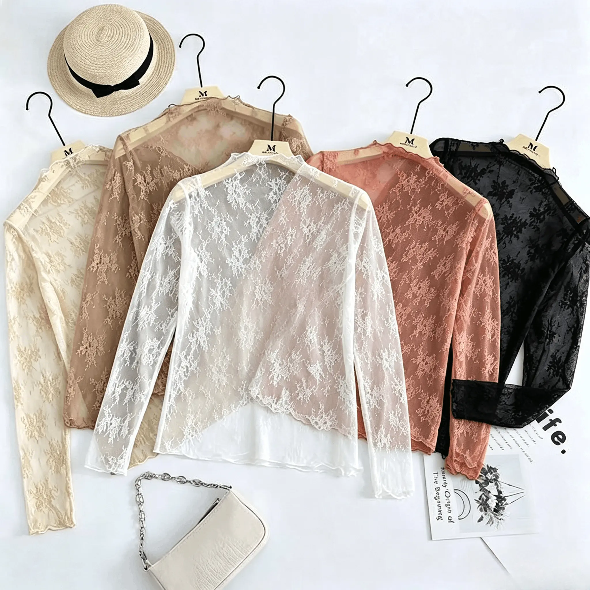 3PCS  3Colors Apricot Caramel Mesh Shirt Lace Flower under Shirt Long sleeve Shirt Black Lace See through Mesh Long Sleeve Tops Women