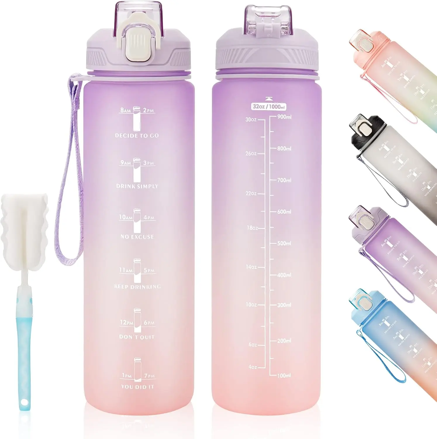 32oz Modern Solid Plastic Cylinder Kitchen Water Bottle - Leakproof, BPA-Free Drinkware with Straw, Carrying Strap, Time Marker for Fitness, Outdoors