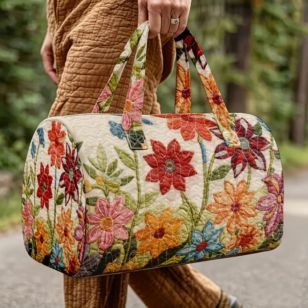 1pc Multicolor Floral Garden Pattern Quilted Boston Handbag, Vibrant Cottage Garden Style, Suitable for Women Who Love Bright Blooming Flowers, Large Capacity Overnight Short Trip Halloween Thanksgiving Christmas Gift Random Print