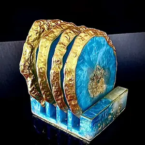 Resin Coasters 4pc with handle- Decorative Tableware with Blue and Gold Design Multicolor