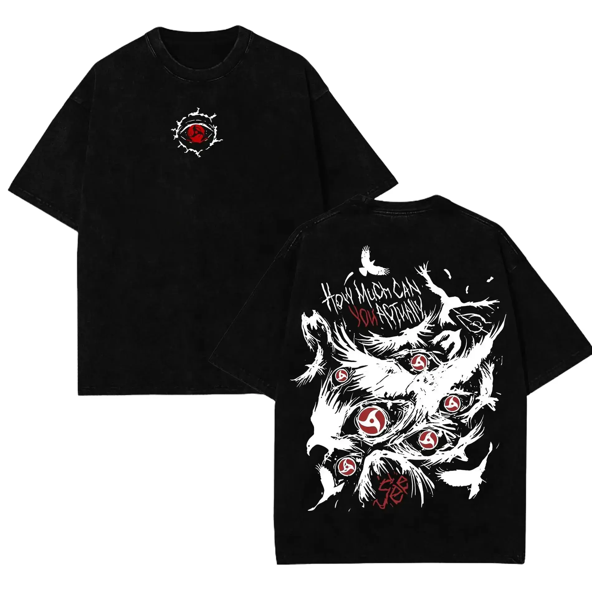 Naruto Uchiha Itachi Sharingan Crow Double Sided Print Mineral Wash T-Shirt Y2K Streetwear Oversized Unisex Heavy Cotton Distressed Gray Short Sleeve Top Mangekyou Sharingan Manga Grunge Anime Tee Gift For Naruto Fans Men Women