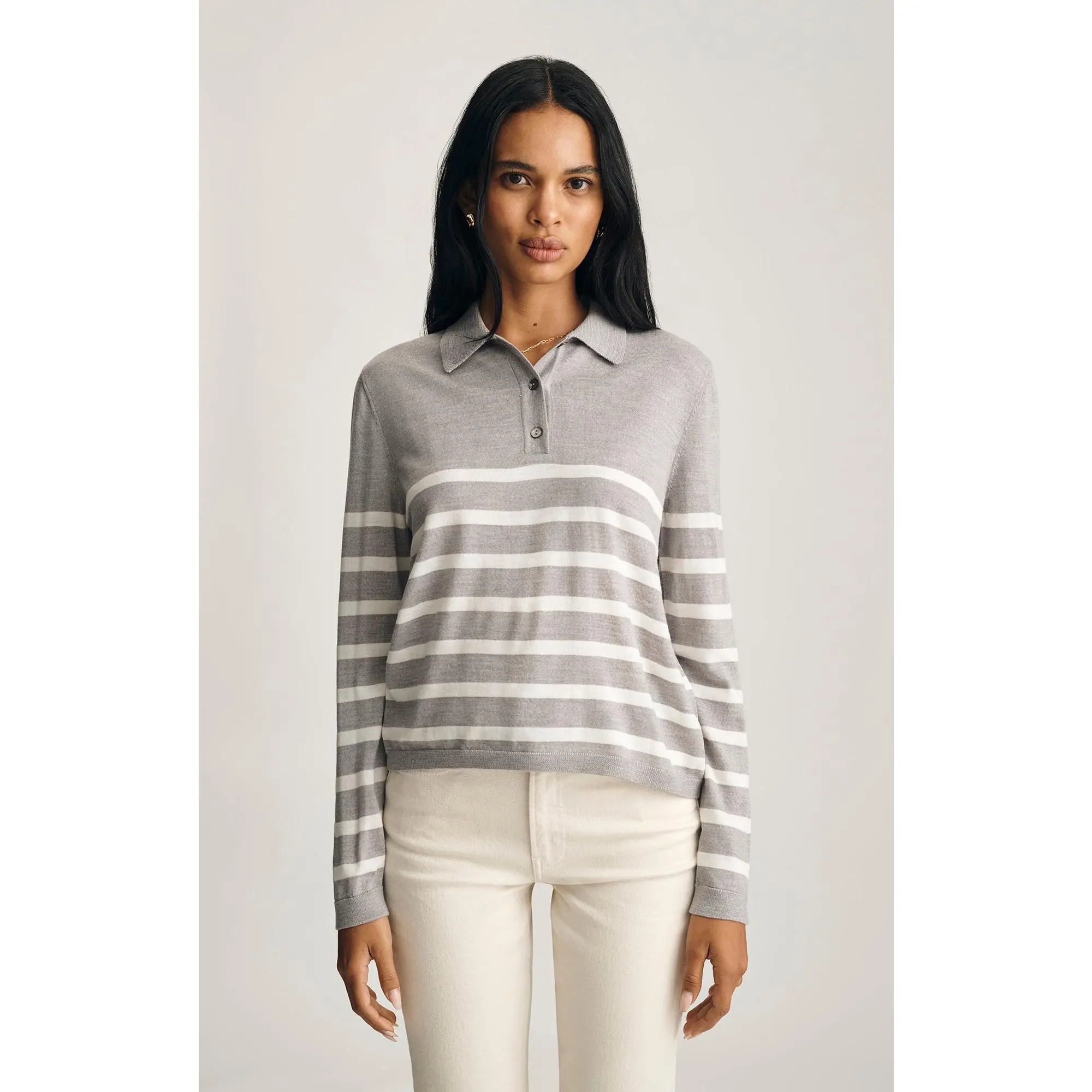 Women's Merino Wool Light Grey Melange Stripe Edition Polo Shirt, Stylish Tops with Premium Fabric