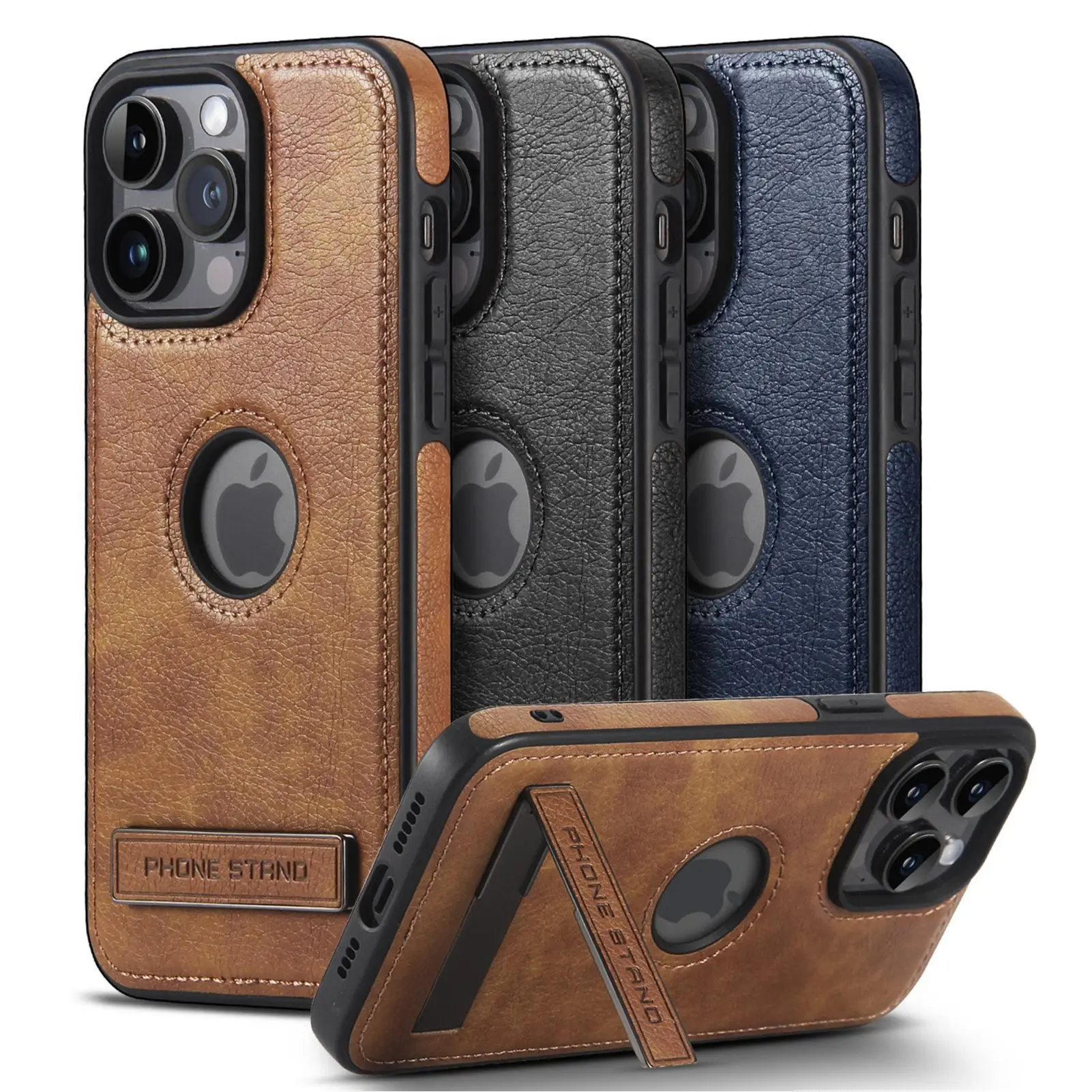 For iPhone 16 15 14 Plus 13 12 Pro Max Slim Luxury Leather Built-in Kickstand Durable Case Cover Phone Accessories Protective Case