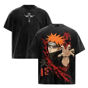 Pain Nagato Tee Washed Hoodie - Naruto Shippuden Vintage Washed Heavy Cotton Oversized Anime Manga T-Shirt & Hoodie, Double Printed Retro Unisex Streetwear Graphic Top, Akatsuki Rinnegan Edition