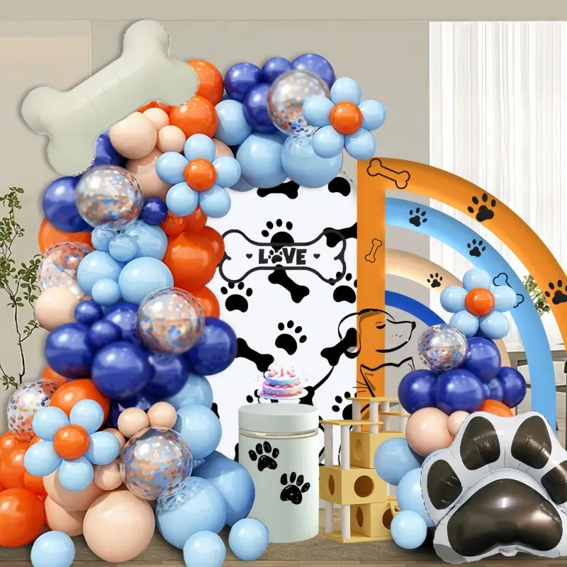 107 pieces of dog paw themed balloons decorated with night blue, orange, blue balloons, and paw bone aluminum foil balloons are perfect for baby bathing, pet parties, bachelor parties, children's birthday parties, and decoration