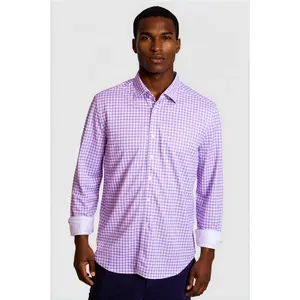 Menswear Long-Sleeve Check Tech Shirt - Lavender Knit Fabric Top
