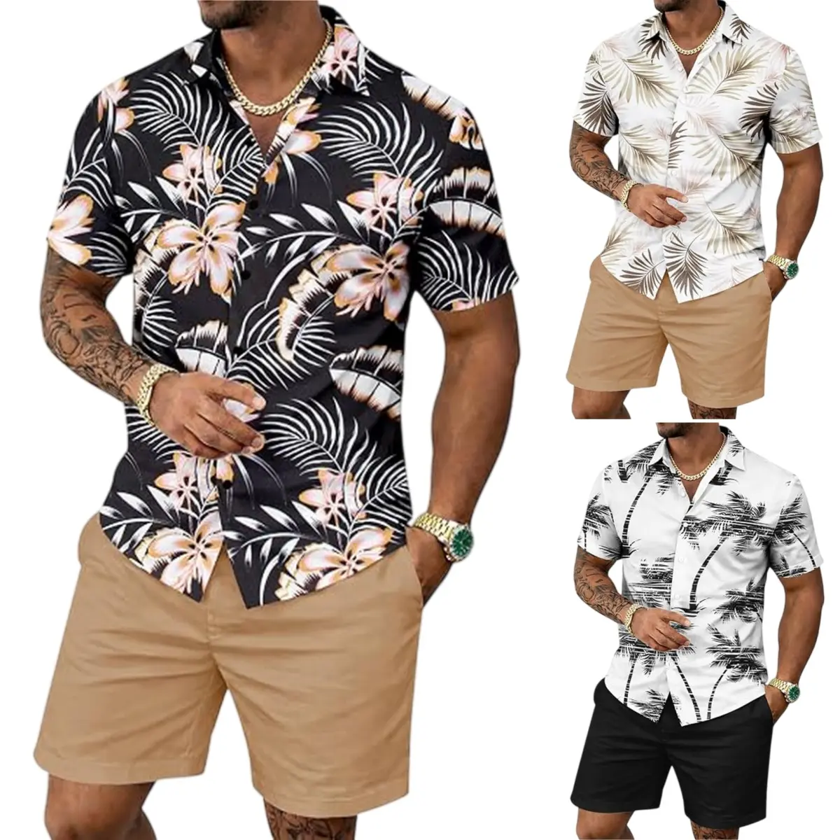 Men's Summer Outfits 2 Piece Short Sets Hawaiian Floral Button Down Shirt and Shorts Vacation Beach Cruise Set