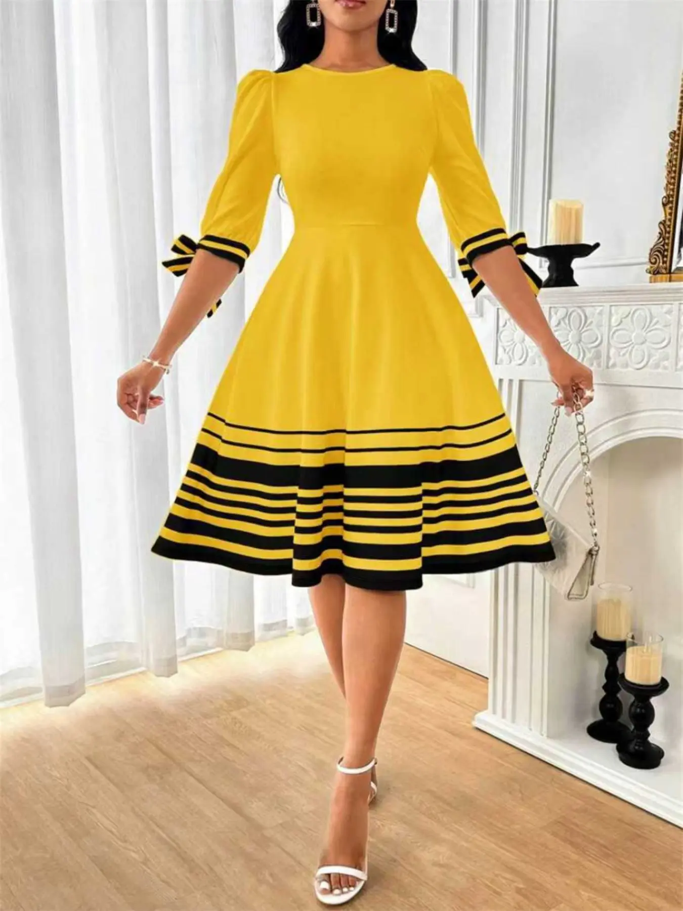 Elegant Feminine Chic Summer Striped Floral Print Dress, Round Neck Bubble Half Sleeve Bowknot, Women's A-Line Dress Hrs229-Huangse, Everyday Womenswear