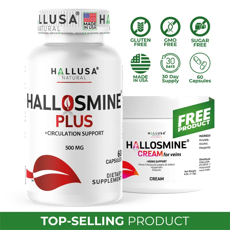HALLUSA NATURAL HALLOSMINE PLUS 500mg x 60 Capsules & FREE Cream for Circulation Vein Support Non-GMO Gluten Free Made in USA - Healthcare