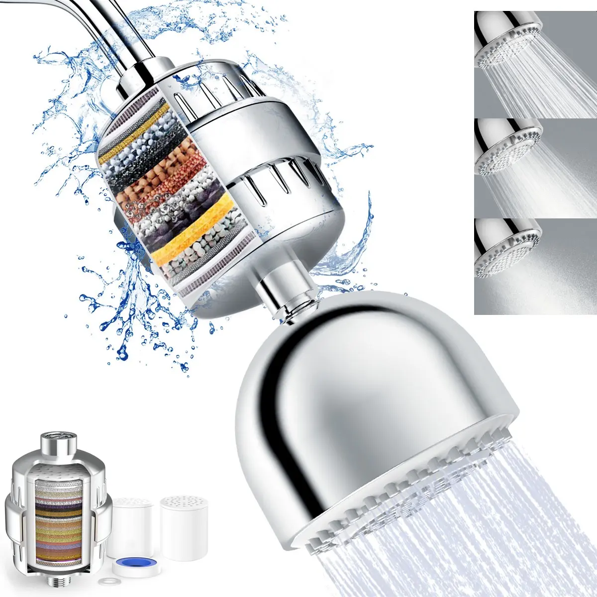 FEELSO Shower Head Filter Combo, High Pressure 3 Spray Settings Filtered Showerhead with Water Softener Filter Cartridge for Hard Water Remove Chlorine and Harmful Substances