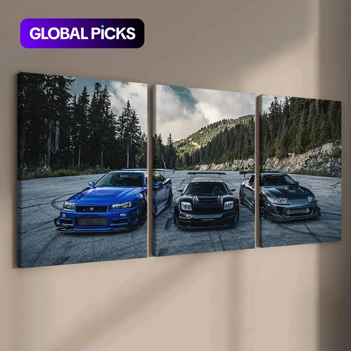 Car Pattern Canvas Painting with Frame, 3 Counts/set Modern Cool Design Wall Art Painting, Wall Art Decor for Home Living Room Bedroom Office