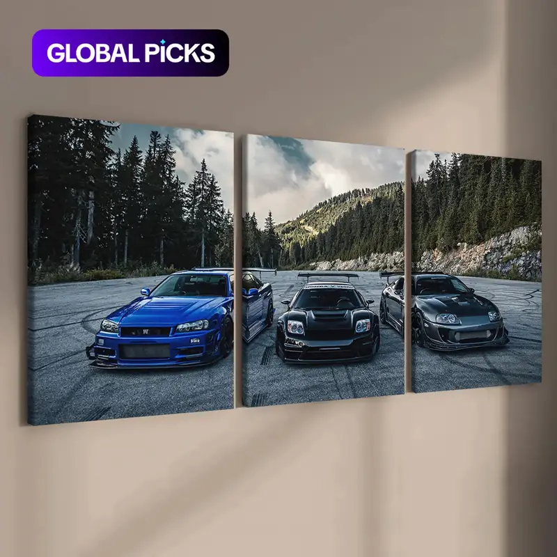 Car Pattern Canvas Painting with Frame, 3-Piece Set Modern Graphic Prints Wall Art Painting, Wall Art Decor for Home Living Room Bedroom Office Framed Canvas Print #GLOBAL PICKS
