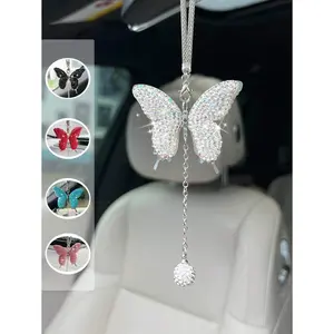 1pc Car Rearview Mirror Full Diamond Butterfly Pendant Car Pendant Interior Decoration Pendant