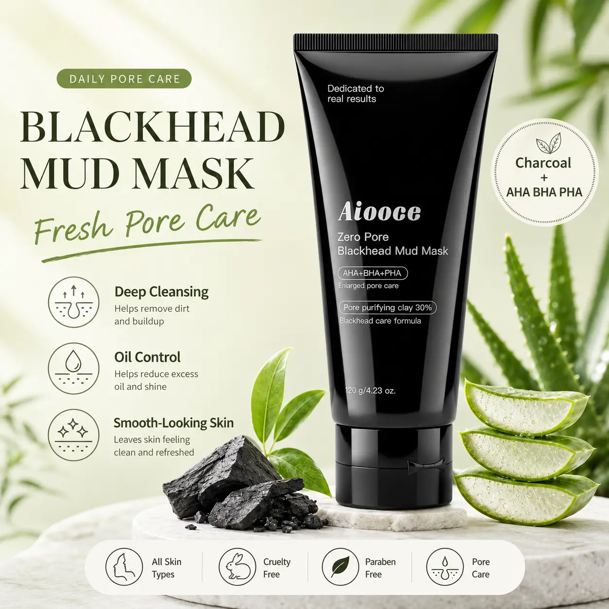 Blackhead Mud Mask, AHA+BHA+PHA Deep Cleansing Clay Mask for Face & Nose, Helps Clear Away Buildup & Excess Oil, Refines Pore Appearance for Fresh, Smooth-Looking Skin, 120g