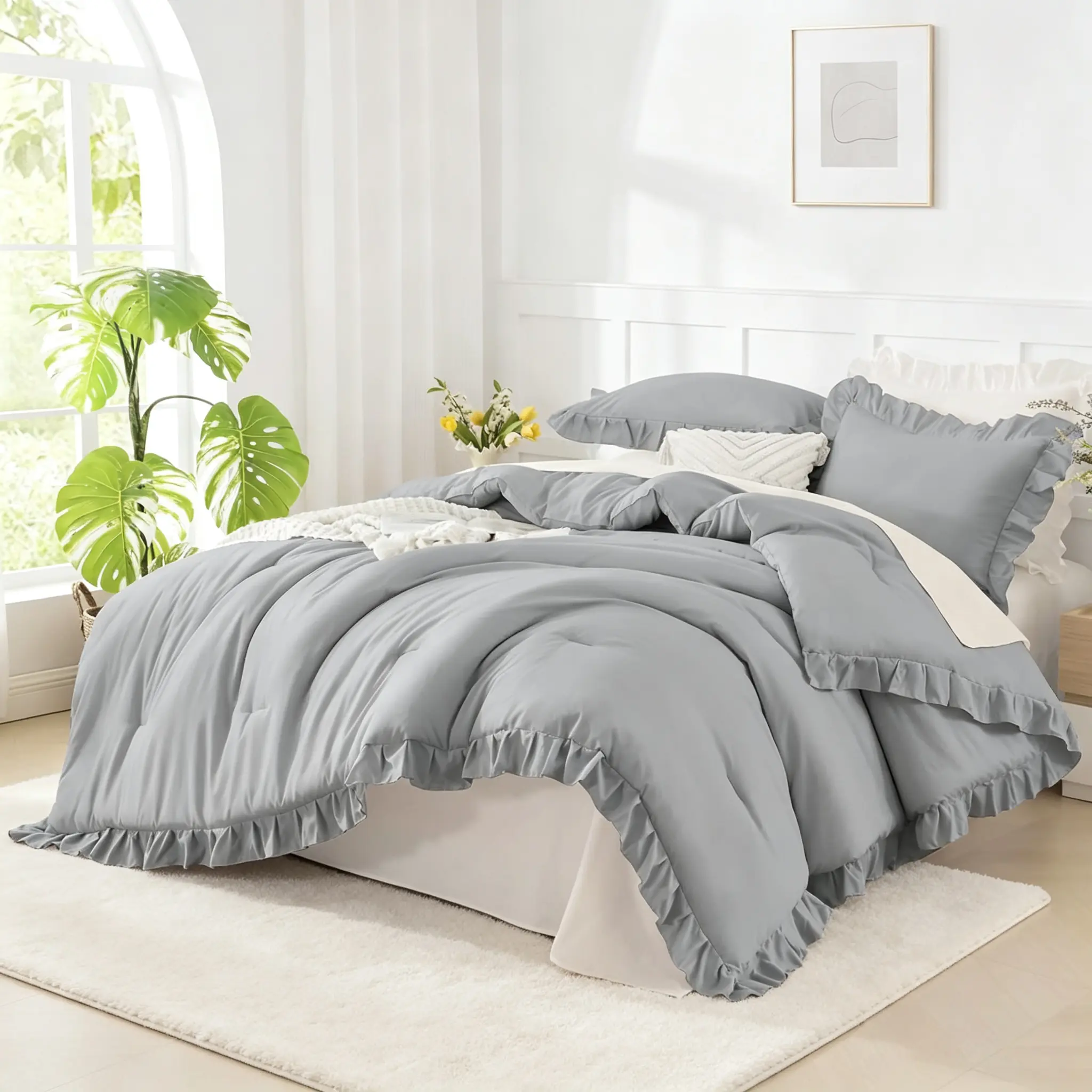 Silver Gray Comforter Set King, 3Pc Farmhouse Shabby Chic Ruffle, Lightweight Fluffy Microfiber Comforter for All Seasons (1 Ruffle Comforter & 2 Pillowcases)