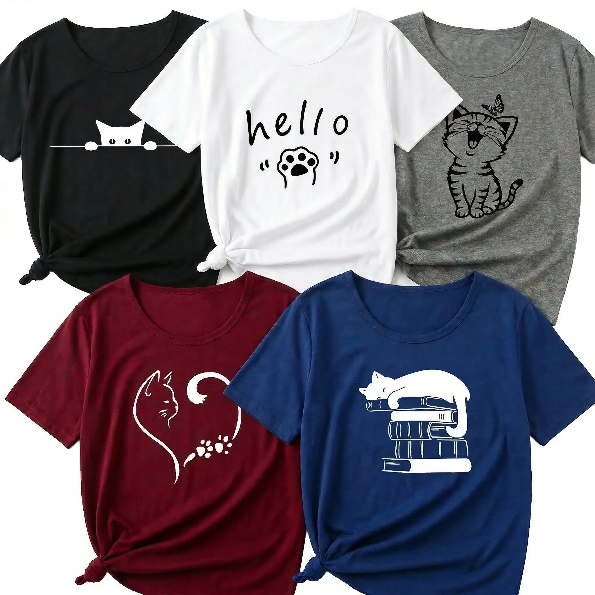 Cat Graphic Tee 5 Pack Women Cute Kitten Print Shirt Bundle Funny Pet Lover Assorted T-Shirt Set Casual Short Sleeve Top Gift