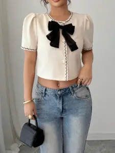 Elegant Women's Bow Short Sleeve Shirt, Chic Floral Design, Perfect for Casual & Formal Wear, Stylish Ladies' Top