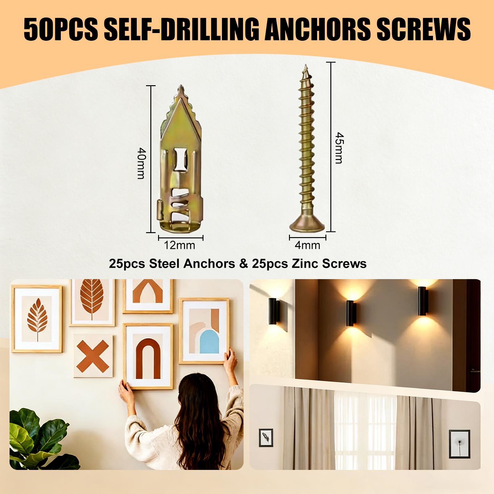 DIY Woodwork 50PCS Easy-Install Self-Drilling Drywall Kit, 25 Corrosion-Resistant Carbon Steel Anchors + 25 Zinc Screws for Gypsum Board Shelves, TV Brackets (Home DIY Use), Anchors + Screws
