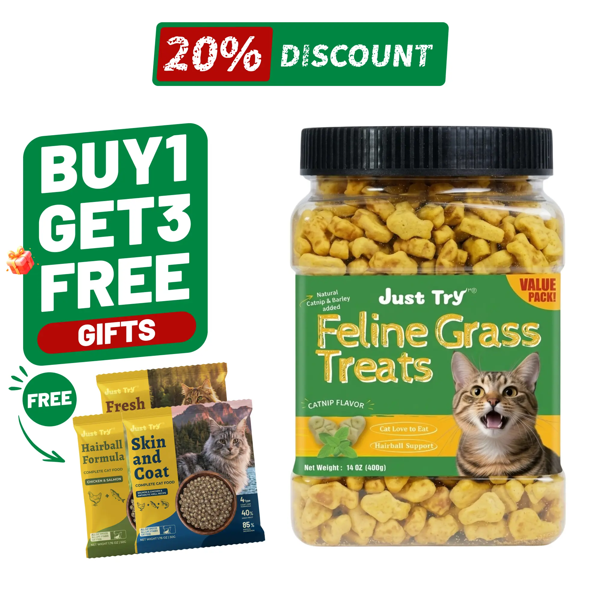 Just Try Cat Treats for Indoor Cats Hairball Control Natural Salmon Healthy Cat Grass Treats Kitten Snacks Training Biscuits Catnip for Cats Dental Care 14.1 OZ